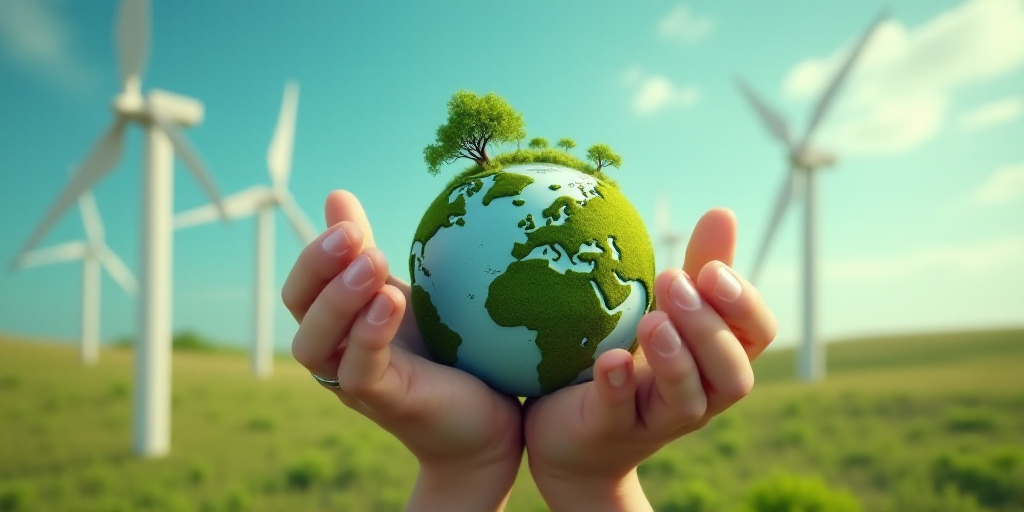 a person holding a small green planet in their hands with windmills in the background and a blue sky