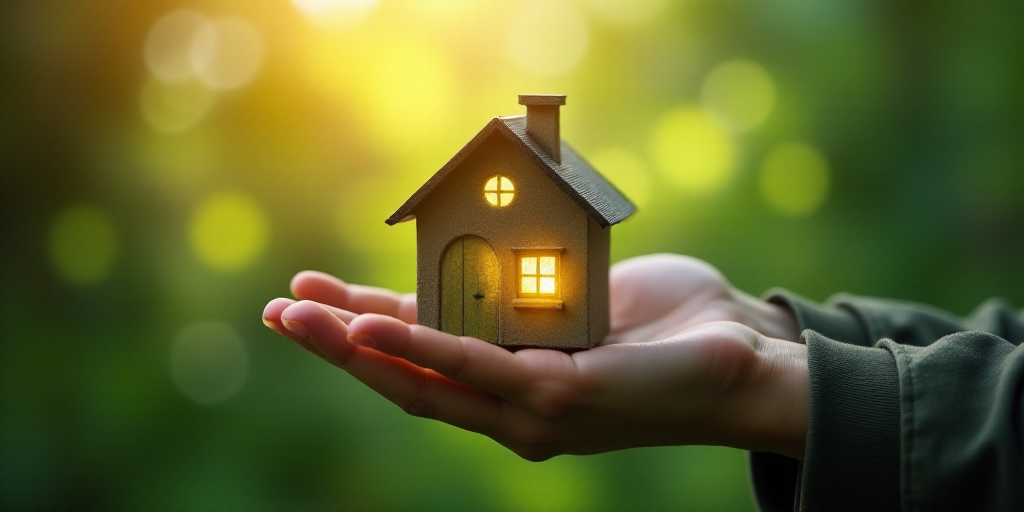 a person holding a small house in their hands with a green background and boke of light coming from