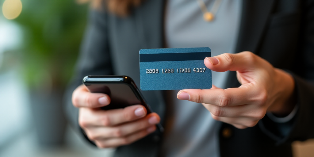 a person holding a smart phone with a credit card in front of them and a hand holding a smart phone