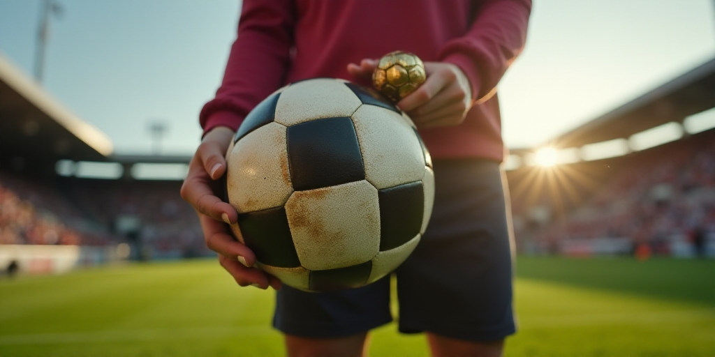 a person holding a soccer ball in their hand with a gold trophy in their hand on a field of a stadiu