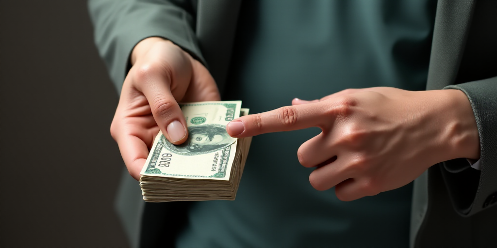 a person holding a stack of money in their hand with another hand pointing at it with the other hand