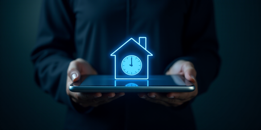 a person holding a tablet with a blue icon of a house and a clock on it in front of a dark backgroun