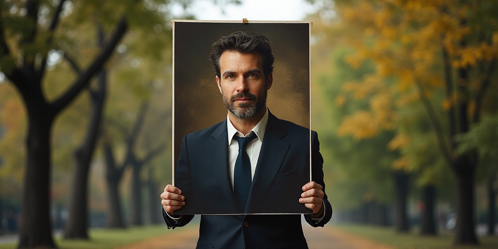 a person holding up a poster with a picture of a man in a suit and tie on it in front of trees, Dieg