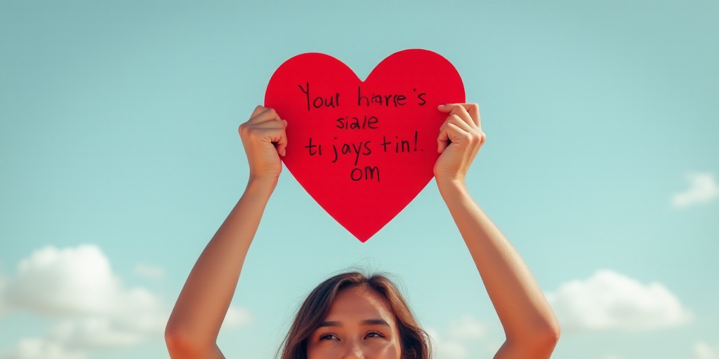 a person holding up a red heart shaped object in the air with words written on it and a sky backgrou