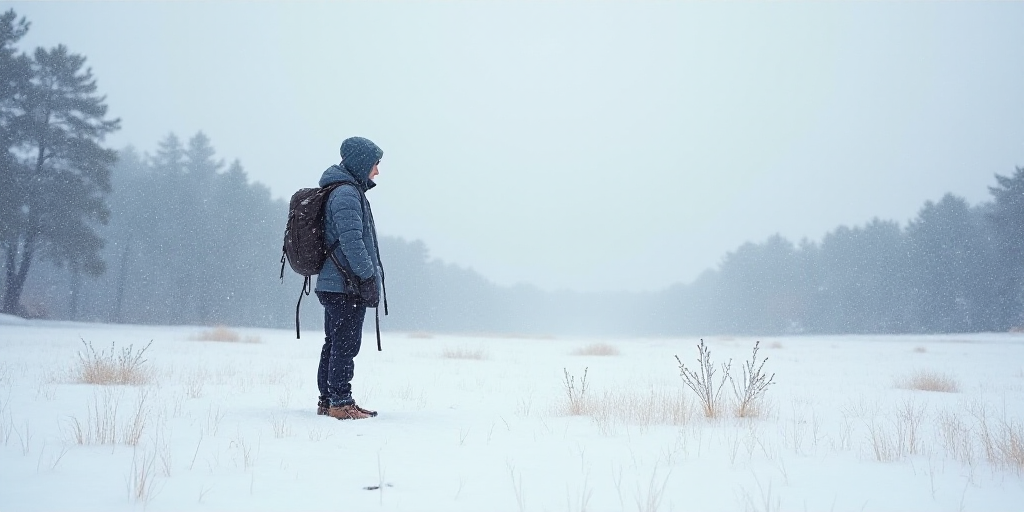 a person in a field with a snow covered field and trees in the background and a person with a backpa