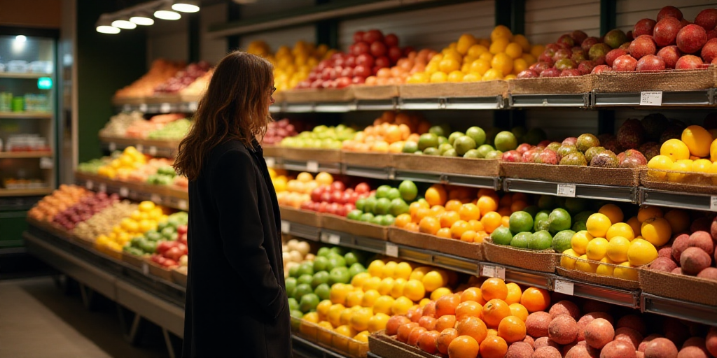 a person in a store with a lot of fruit in the shelves and a person in a coat looking at the fruit,