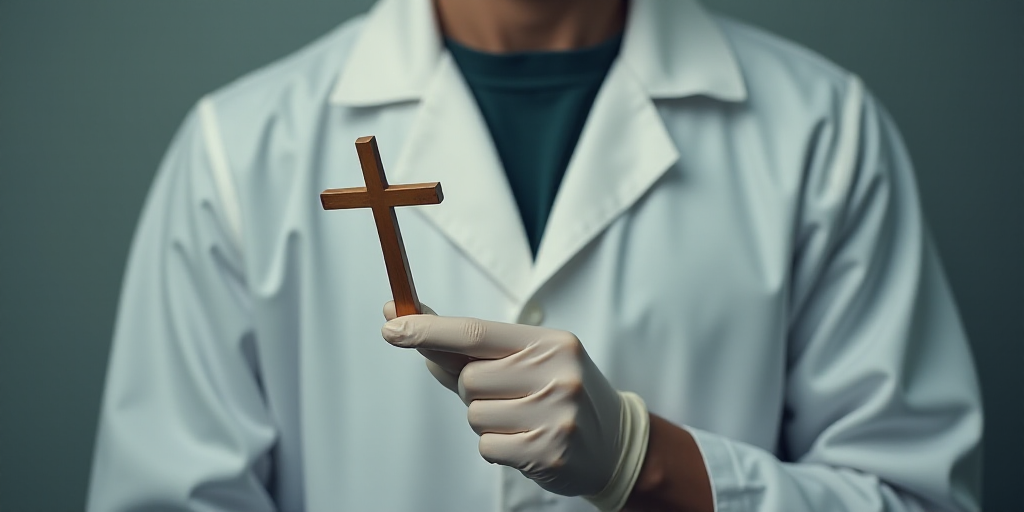 a person in a white coat and gloves holding a syquet in their hand with a cross on it, Évariste Vit