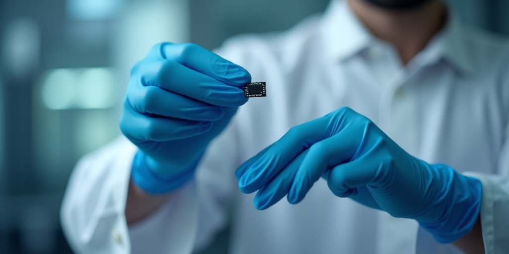 a person in a white shirt and blue gloves holding a small device in their hand with a micro chip att
