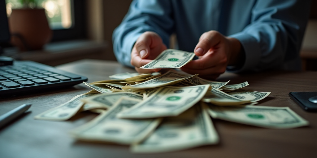 a person is counting money into a pile of bills in front of a keyboard and a keyboard on a desk, Bou