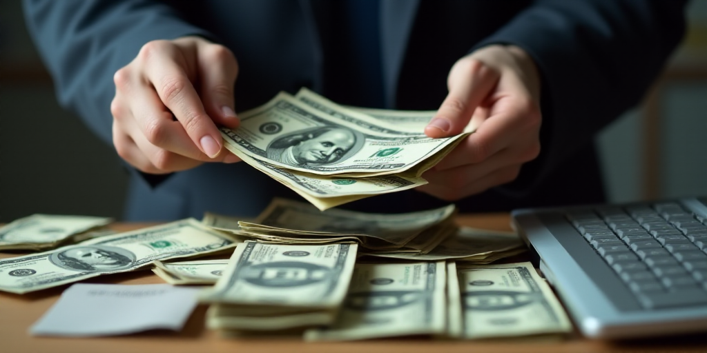 a person is counting money into a pile of bills in front of a keyboard and a keyboard on a desk, Bou
