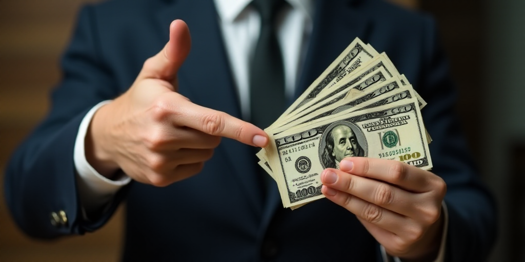 a person is holding a bunch of money in their hand and is pointing at it with a finger on it, Benjam