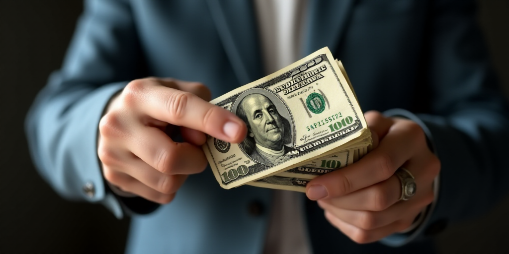 a person is holding a bunch of money in their hand and is pointing at it with a finger on it, Benjam