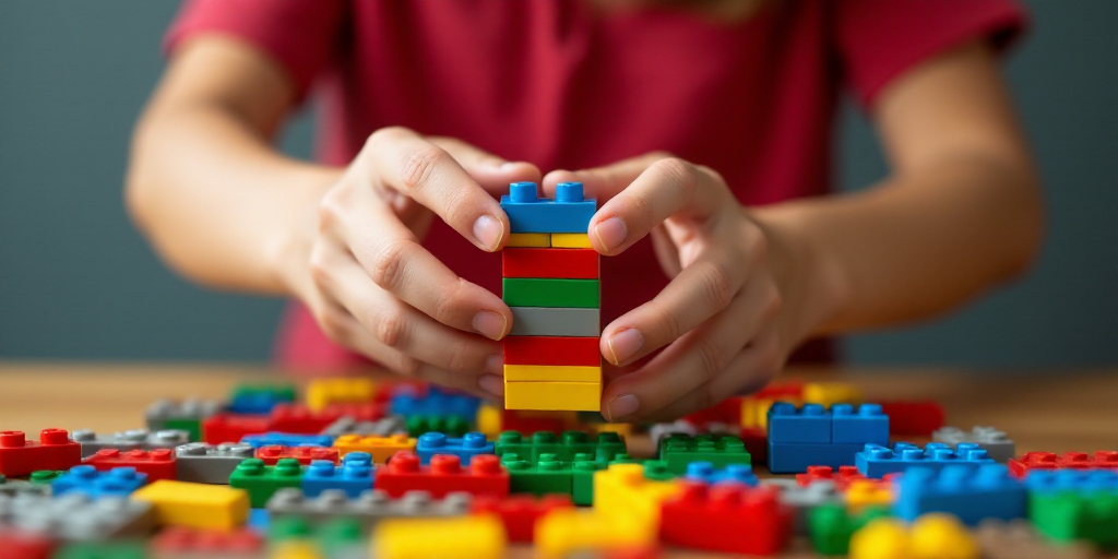 a person is holding a lego block in front of a table full of legos and a red banner that says,'conti