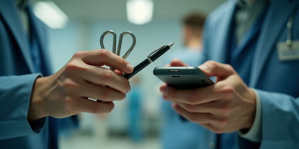 a person is holding a pair of scissors and a pen in their hand while another person is holding a cel