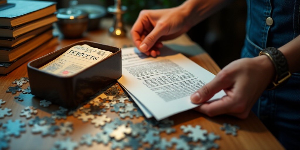 a person is holding a piece of paper and a box of tickets on a table with other items on it, Évaris