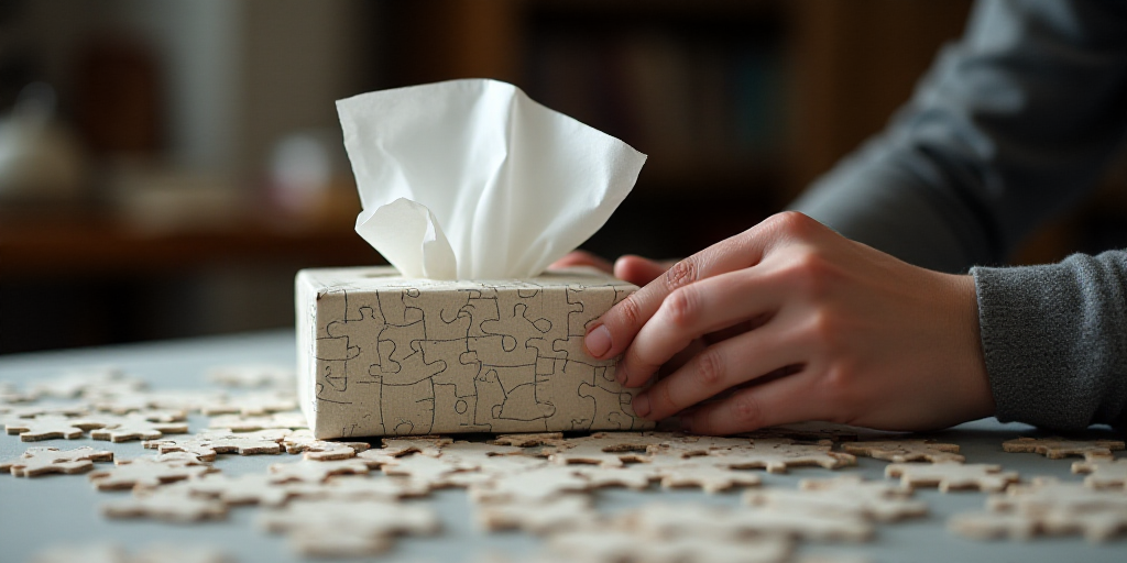a person is holding a piece of paper and putting it in a package of tissues on a table with other ti