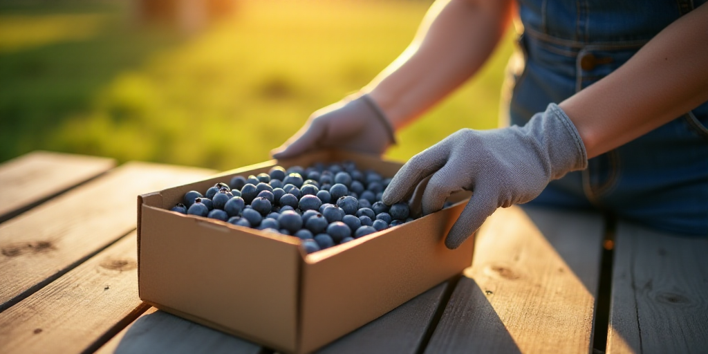 a person is picking blueberries from a box on a picnic table outside in the sun with a glove on, Ede