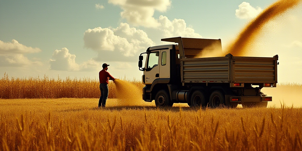 a person is pouring grain into a truck bed in a field of wheat and corn stalks in the background, Co