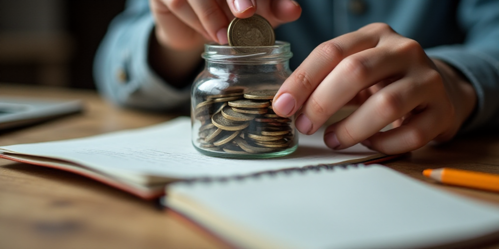 a person is putting a coin into a jar of coins and a notebook with a pencil and a notebook, Andries