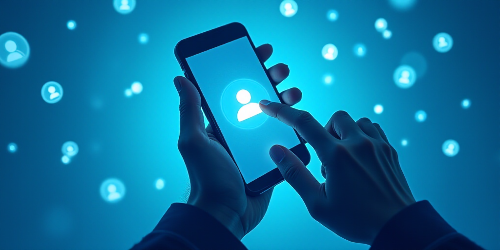 a person is touching a phone with a lot of icons surrounding them on a blue background with a blue b