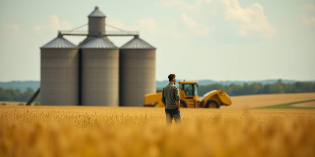 a person is walking near a large grain silo in a field of grass and a yellow machine is in the backg