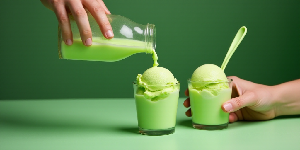a person pouring green liquid into two cups of ice cream and a spoon in the cup with the liquid, Din