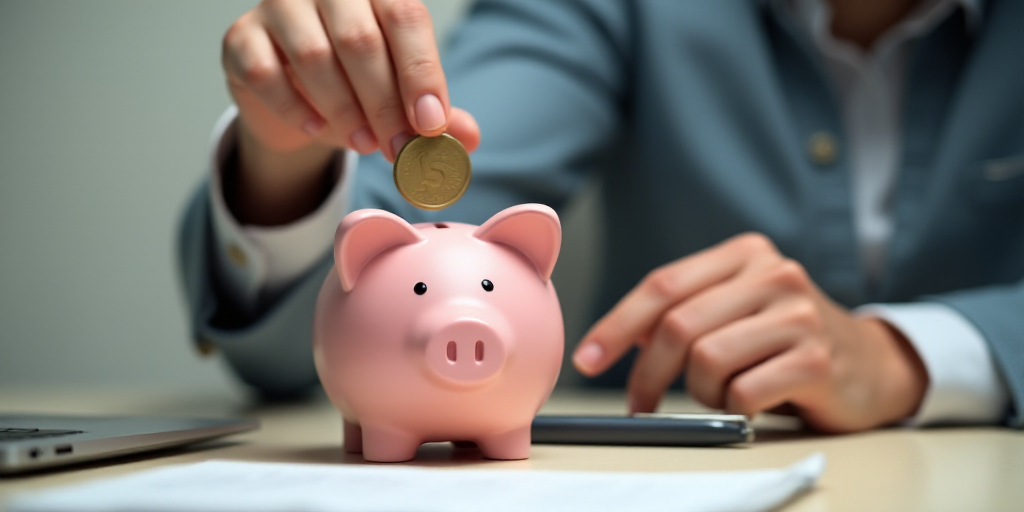 a person putting a coin into a piggy bank on a table with a laptop and a pen in front of them, Andri