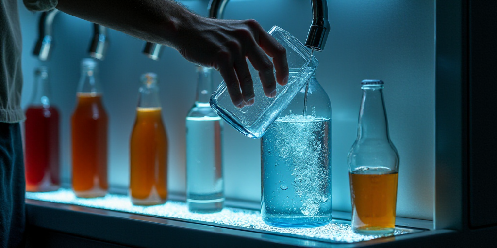 a person putting a container of water into a machine to be filled with water and other things to dri