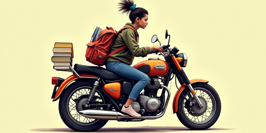 a person sitting on a motorcycle with a book and a backpack on it's back and a logo on the back of t