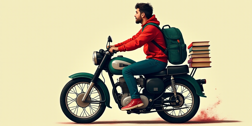 a person sitting on a motorcycle with a book and a backpack on it's back and a logo on the back of t