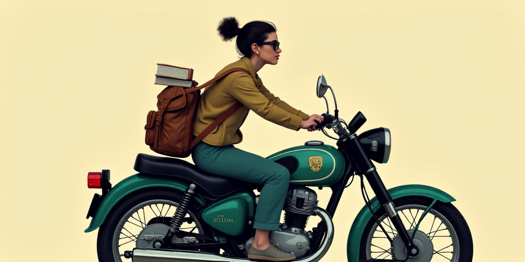 a person sitting on a motorcycle with a book and a backpack on it's back and a logo on the back of t