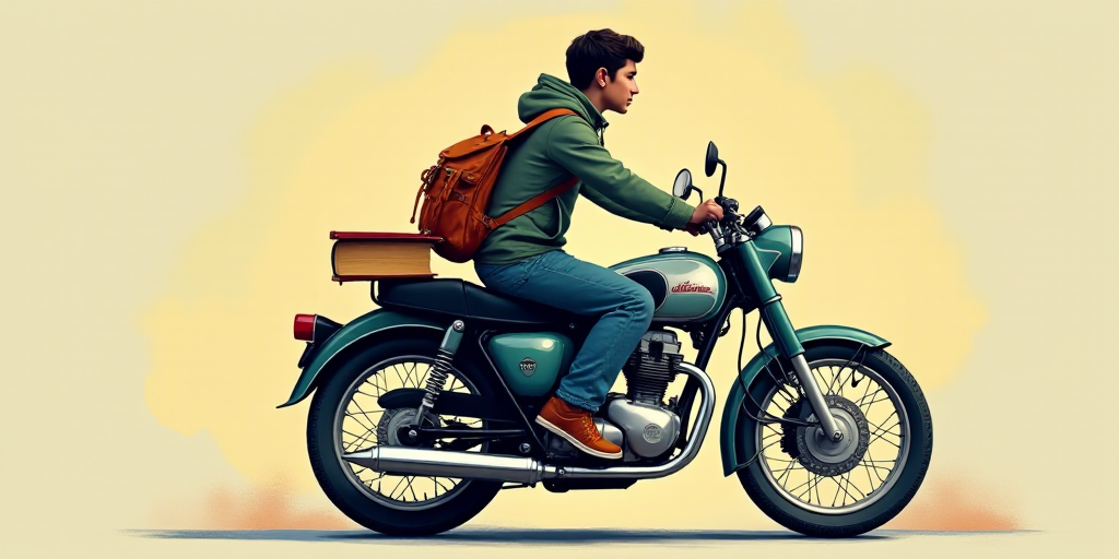 a person sitting on a motorcycle with a book and a backpack on it's back and a logo on the back of t