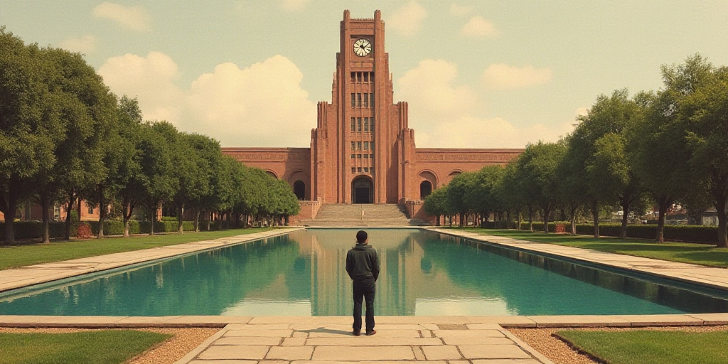 a person standing in front of a large building with a clock tower in the background and a pond in fr