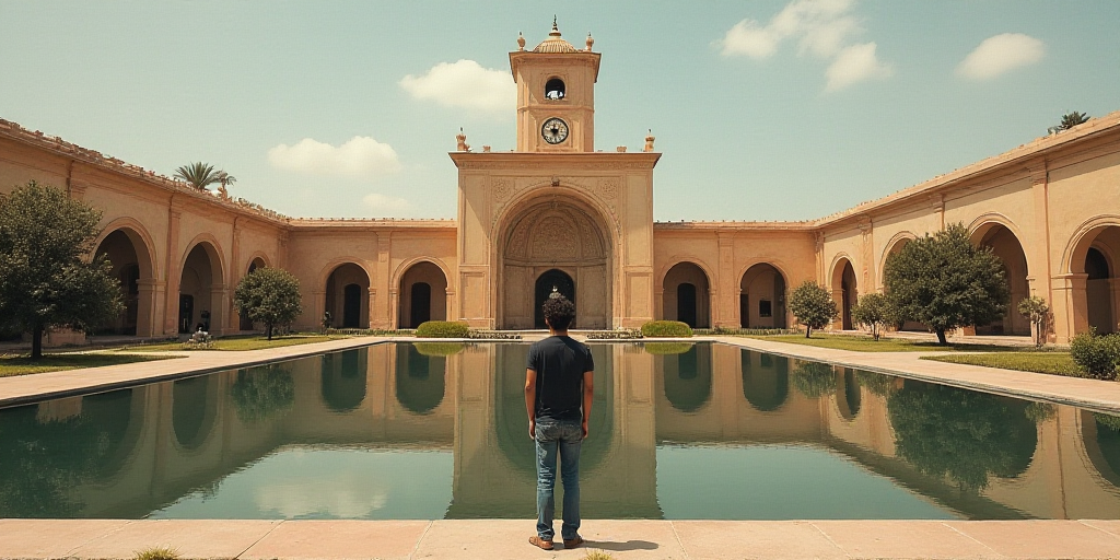 a person standing in front of a large building with a clock tower in the background and a pond in fr