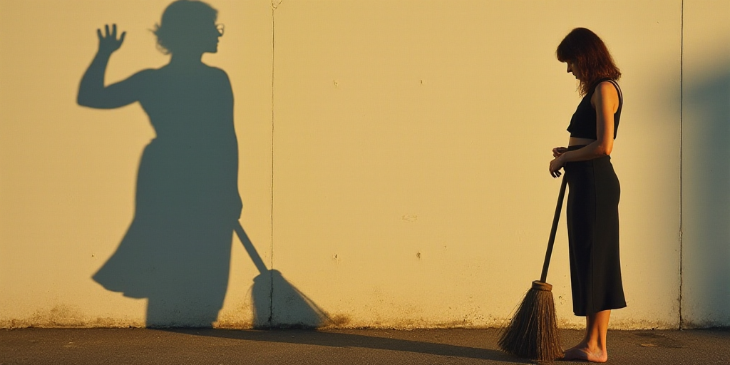 a person standing next to a broom and a shadow of a person on the wall behind them with a broom, Eli