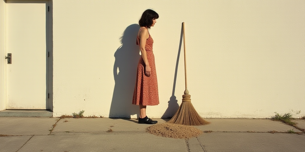 a person standing next to a broom with a shadow of a person on it on the side of a building, Elizabe