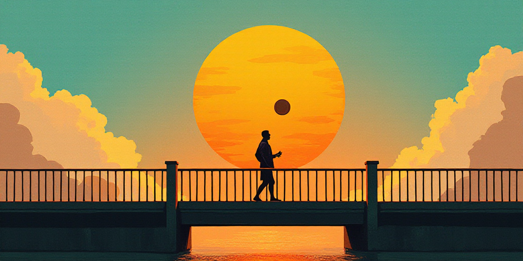 a person standing on a bridge with a sky background and clouds in the background, with a person hold
