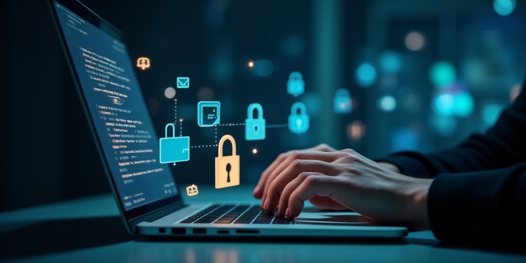 a person typing on a laptop with icons coming out of it and a lock on the keyboard in the background