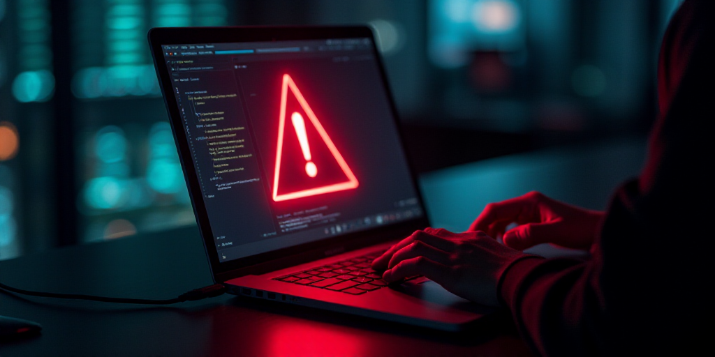 a person using a laptop with a red warning symbol on the screen and a red warning symbol on the scre