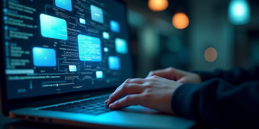 a person using a laptop with chat icons coming out of the screen and a person typing on the keyboard