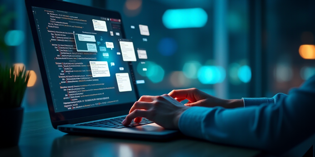 a person using a laptop with chat icons coming out of the screen and a person typing on the keyboard