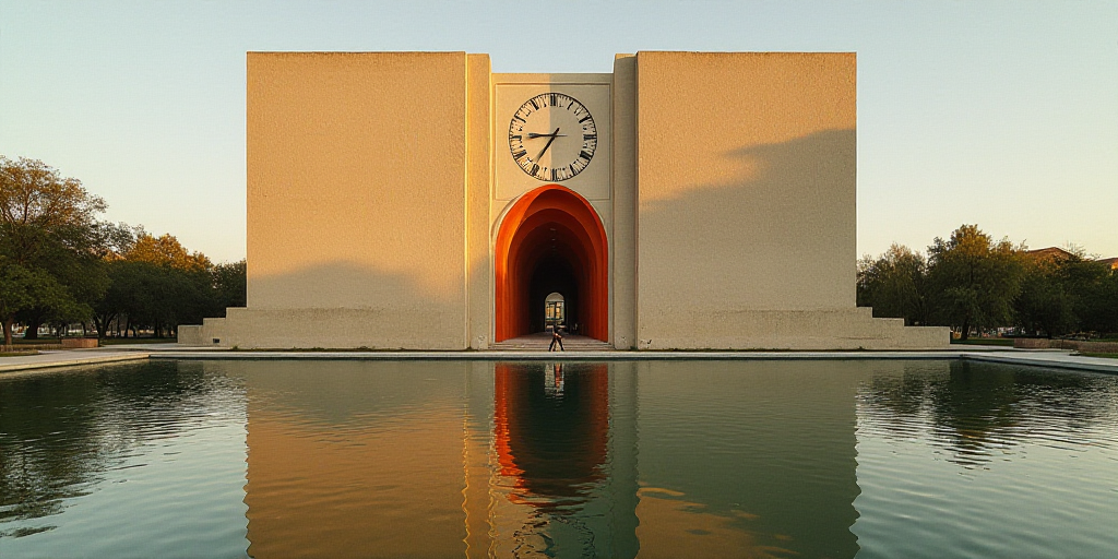 a person walking across a pond in front of a tall building with a clock on it's side, David Alfaro S