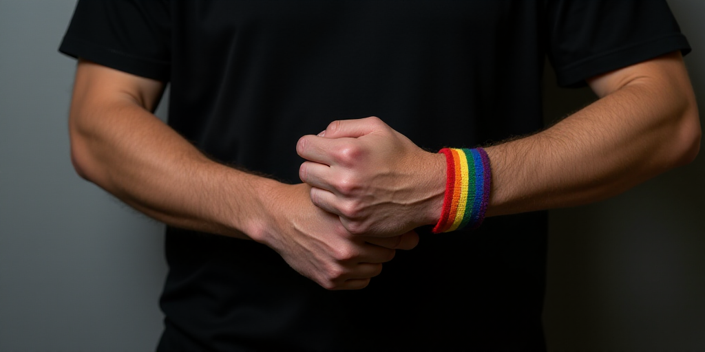a person wearing a rainbow bracelet with a black background and a gray wall behind them, with a hand