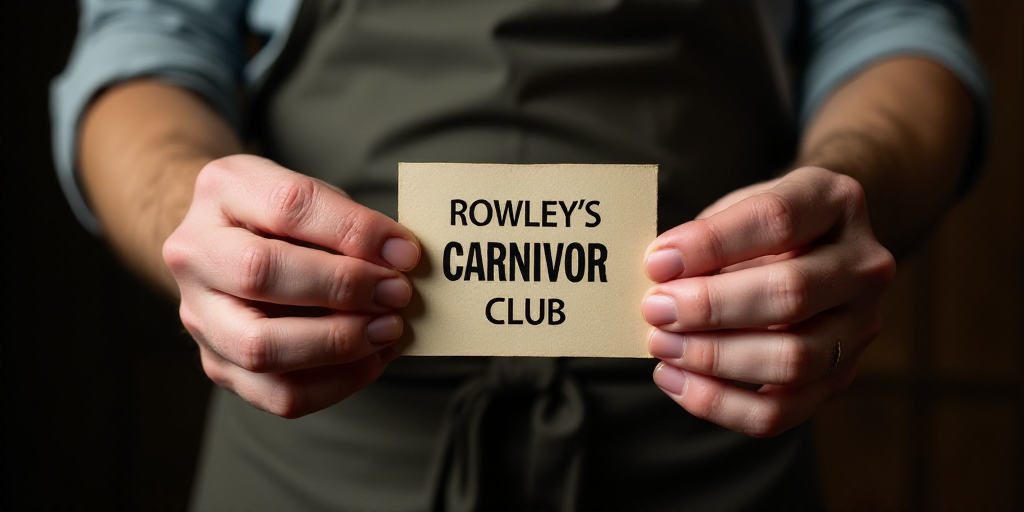 a person wearing an apron holding a card with the words rowley's carnivor club on it, David Ramsay H