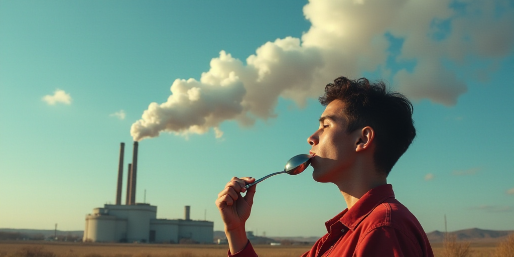 a person with a spoon in their mouth and a factory in the sky above them with smoke coming out of it