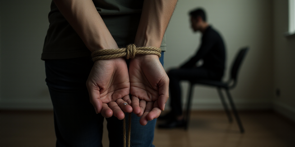 a person with their hands tied up with a rope and a chair in the background with a person sitting in