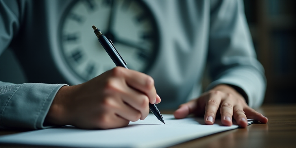 a person writing on a notebook in front of a clock with a pen and paper in front of them, Andries St