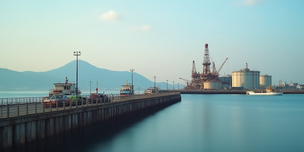 a pier with a few boats parked on it and a large oil storage plant in the background with a mountain