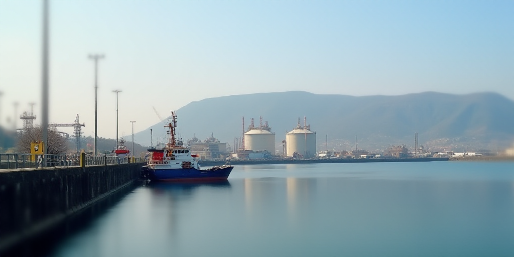 a pier with a few boats parked on it and a large oil storage plant in the background with a mountain