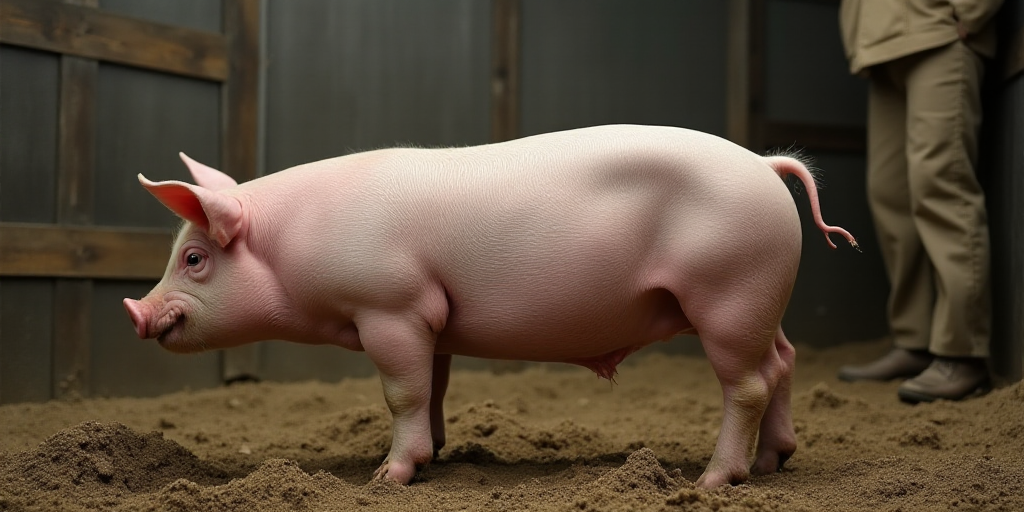 a pig in a pen with a bunch of pigs in it's back end and a person in the background, Clovis Trouille